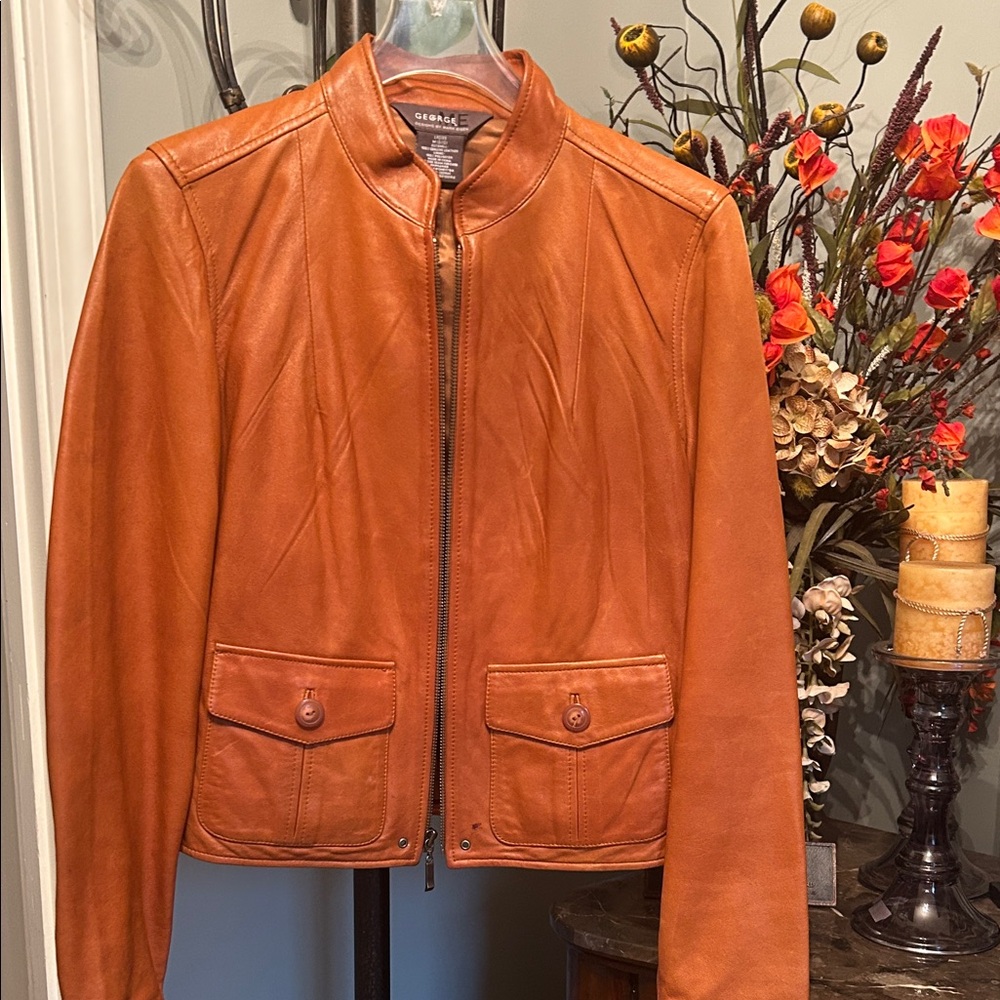 George Tan Leather Bomber Jacket